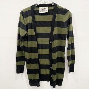 SOTO Lifestyle Green Black Stripe Button Front Cardigan Sweater Small